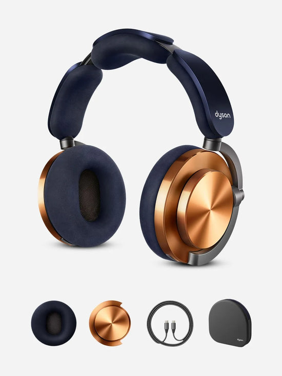Dyson headphones with blue and bronze design on a white background
