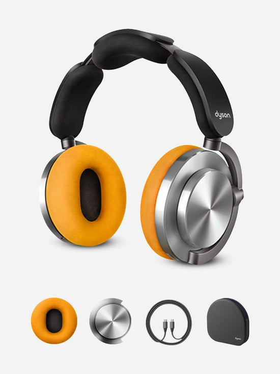 Orange and black headphones with brand logo on a white background