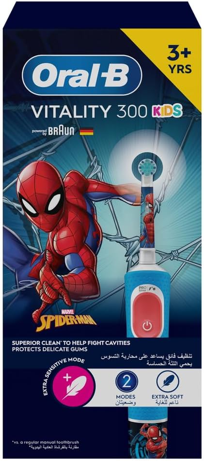 Oral-B Vitality 300 Kids electric toothbrush set with Spider-Man design on packaging
