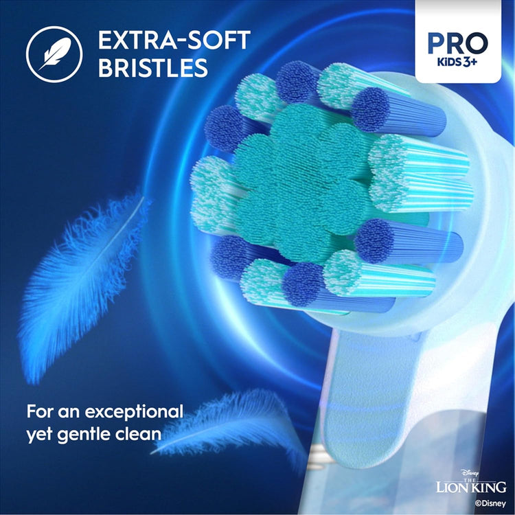Electric toothbrush head with extra-soft bristles on a blue background, featuring the Lion King branding.