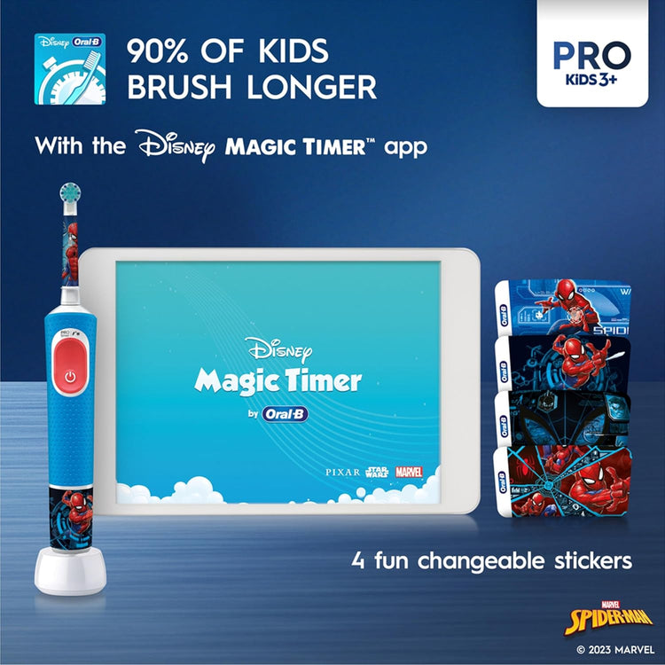 Disney Magic Timer by Oral-B with Spider-Man design on a blue background