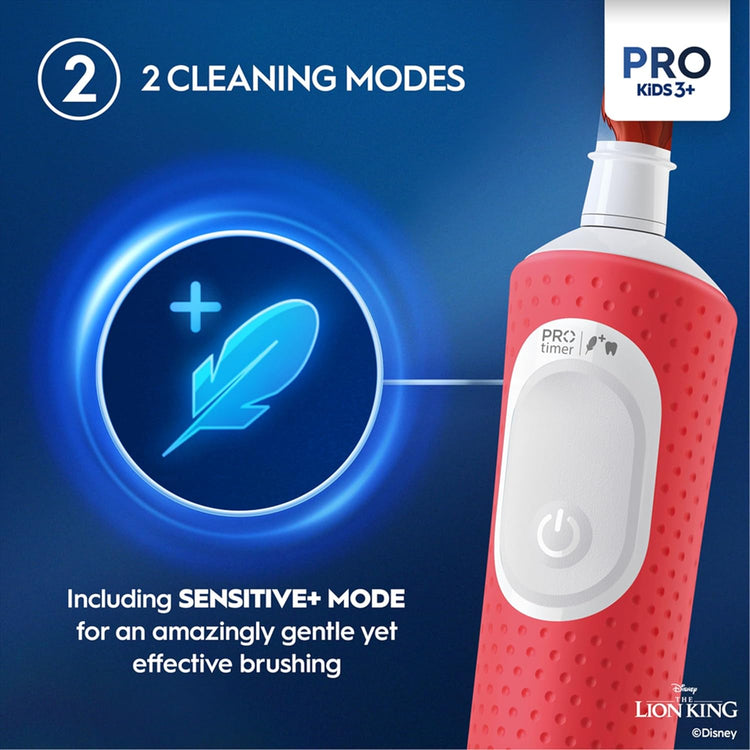 Red electric toothbrush with cleaning mode features on a blue background