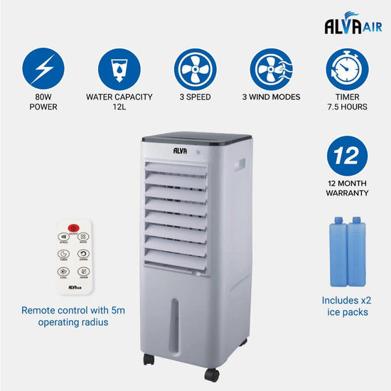 Alva 12L Evaporative Air Cooler Remote Control Timer Fan Humidifier ACS104