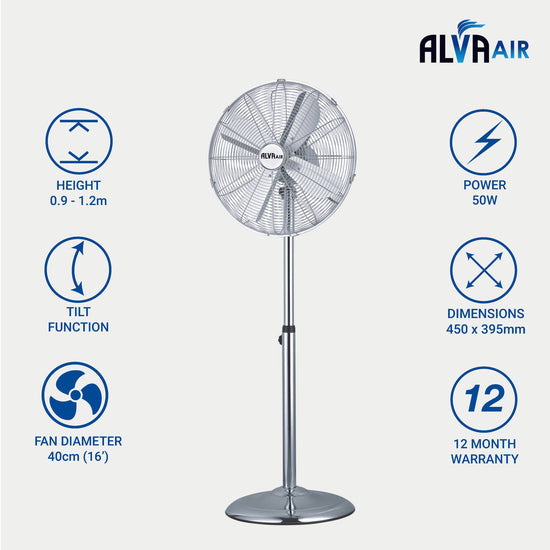 Alva 40cm Chrome Telescopic Pedestal Fan 1.2M Tall (Silver) ACS201