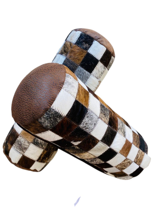 Brown and White Nguni Cow Hide Bolster Cushion the hide shop
