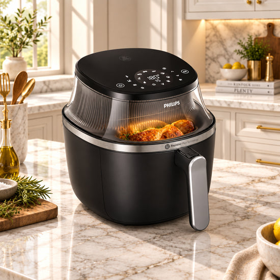 Black air fryer with digital display on a white background