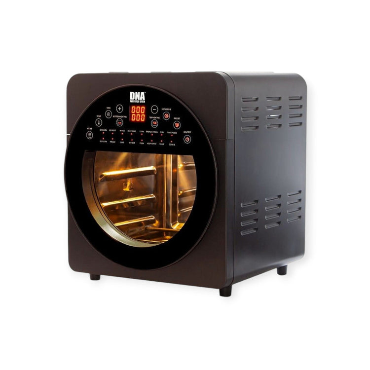 A black DNA Airfryer Oven with a glass touch-control panel and stainless steel casing.