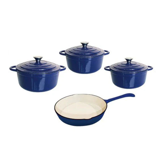 Set of blue cookware including pots and a pan on a white background
