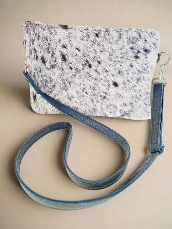 Nguni Cowhide Sling Bag with Genuine Leather Strap 20cm x 15 cm Brown and White - THS03495