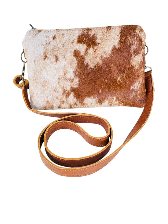 Nguni Cowhide Sling Bag with Genuine Leather Strap 20cm x 15 cm White and Brown - THS19302