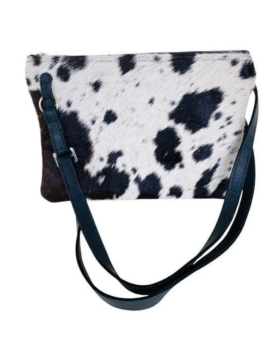 Nguni Cowhide Sling Bag with Genuine Leather Strap 20cm x 15 cm White and Black - THS28473