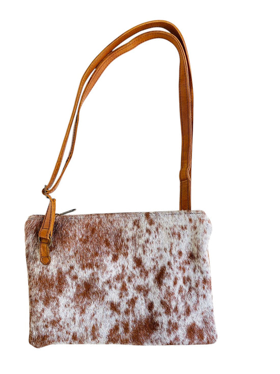 Nguni Cowhide Sling Bag with Genuine Leather Strap 20cm x 15 cm Brown and White - THS39274