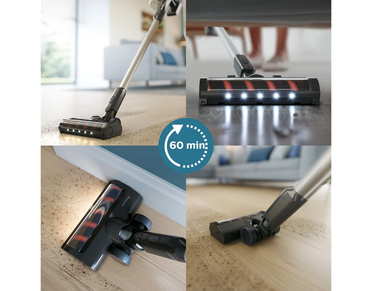 Collage of a vacuum cleaner cleaning different surfaces with a 60-minute battery life indicator.