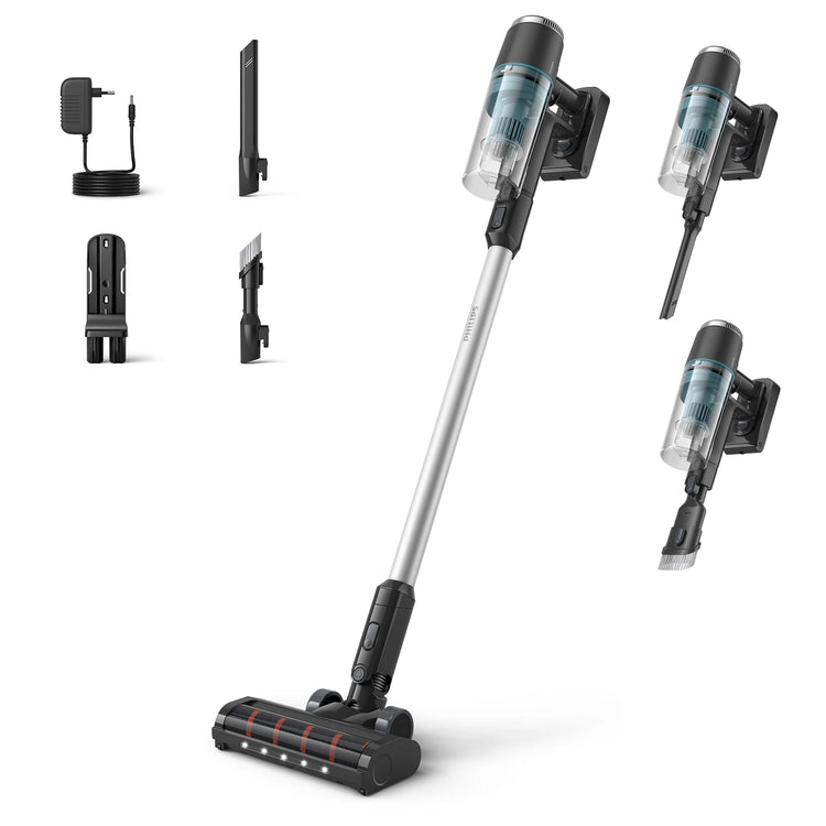 Multifunctional vacuum cleaner with various attachments on a white background
