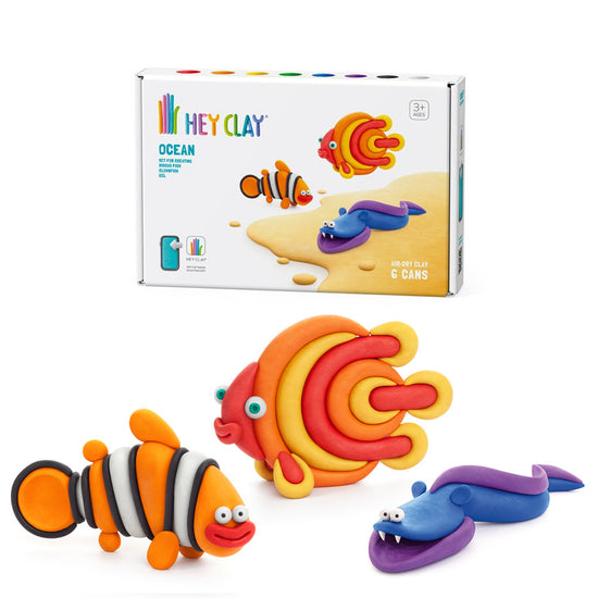 Hey Clay - Modelling Air-Dry Clay with Fun Interactive App - Clownfish, Discus Fish, Eel, Series Ocean, 6 cans