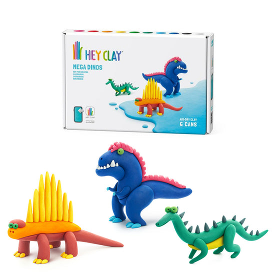 Hey Clay - Modelling Air-Dry Clay with Fun Interactive App - Lagosuchus, Allosaurus, Dimetrodon, Series Mega Dinos, 6 cans