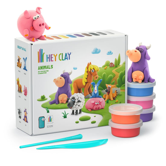 Hey Clay - Modelling Air-Dry Clay with Fun Interactive App - Piggy, Horse, Rabbit, Series Animals, 6 cans