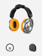 Headphones with orange ear cups and black and silver design on a light gray background