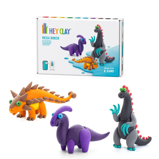 Hey Clay - Modelling Air-Dry Clay with Fun Interactive App - Ankylosaurus, Parasaurolophus, Therizinosaurus, Series Mega Dinos, 6 cans