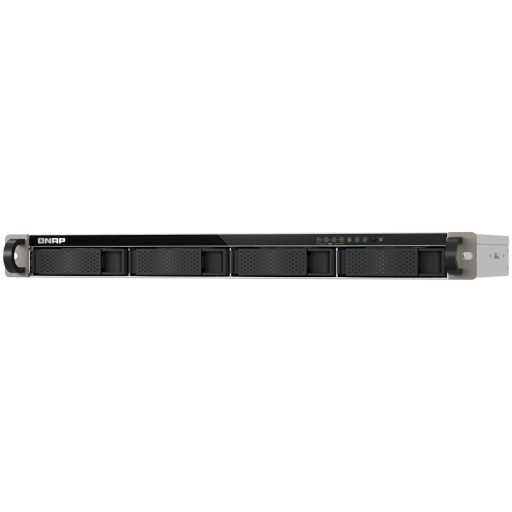 QNAP 4-Bay quad-core 2.0 GHz short-depth 1U rackmount NAS with 100W power supply, 4GB RAM (not expandable), SATA 6Gb/s, 2 x 2.5 GbE LAN, Container Station