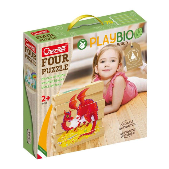 Quercetti - Wooden, Eco-Friendly Fantastic Animals Block Puzzles: 4 Puzzles