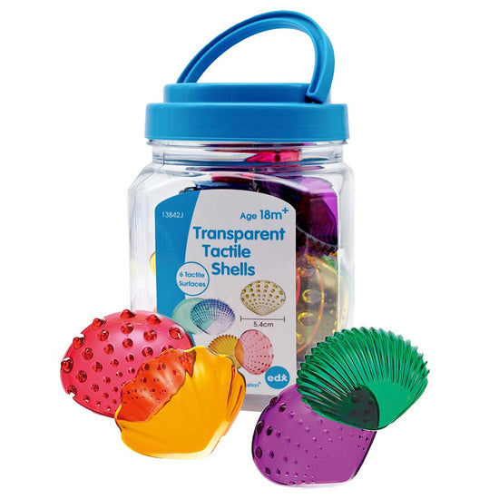 EDX Education - Tactile Shells - Transparent - 6 Tactile Surfaces & Colours - Large - Activity Guide - 36pcs Jar