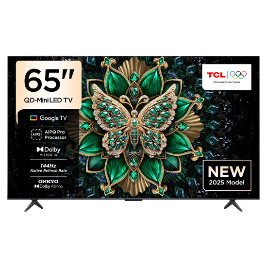 TCL 65-Inch Mini LED Google TV featuring a decorative butterfly image on the screen, indicating a new 2023 model with various technologies such as Google TV, HDMI, USB, and Dolby Atmos.