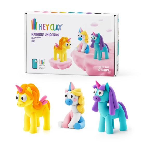 Hey Clay - Modelling Air-Dry Clay with Fun Interactive App - Lighty, Sunny, Rainy, Series Rainbow Unicorns, 6 cans