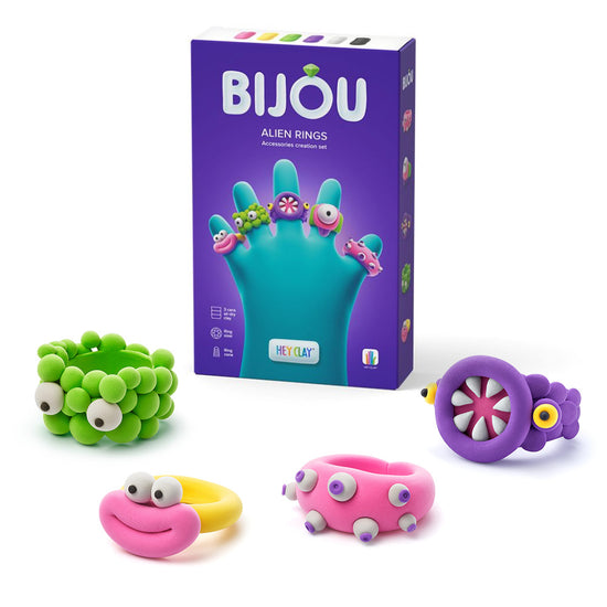 Hey Clay - Modelling Air-Dry Clay with Fun Interactive App - Alien Rings, series Bijou, 3 cans