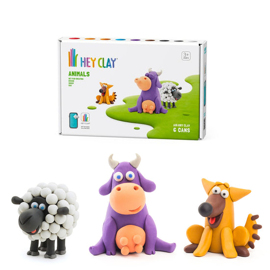 Hey Clay - Modelling Air-Dry Clay with Fun Interactive App - Cow, Doggie, Sheep, Series Animals, 6 cans