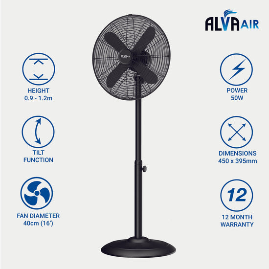 Alva 40cm Metal Telescopic Pedestal Fan 1.2M Tall (Matte Black) ACS201B