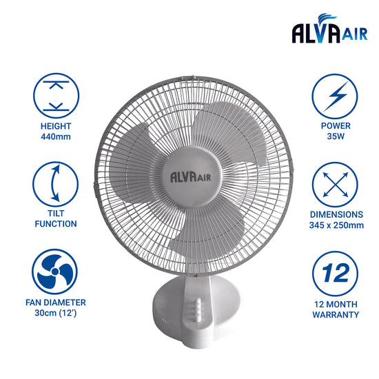 Alva 30cm Plastic Desk Fan (White) ACS205
