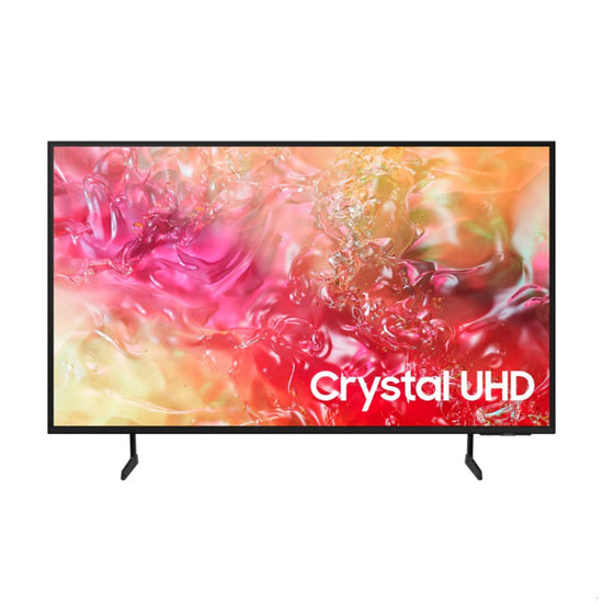 Samsung 139cm (55") DU7000 Crystal UHD 4K HDR Smart TV displaying vibrant colors on the screen, with the model number and brand name visible.