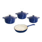 Set of blue cookware including pots and a pan on a white background