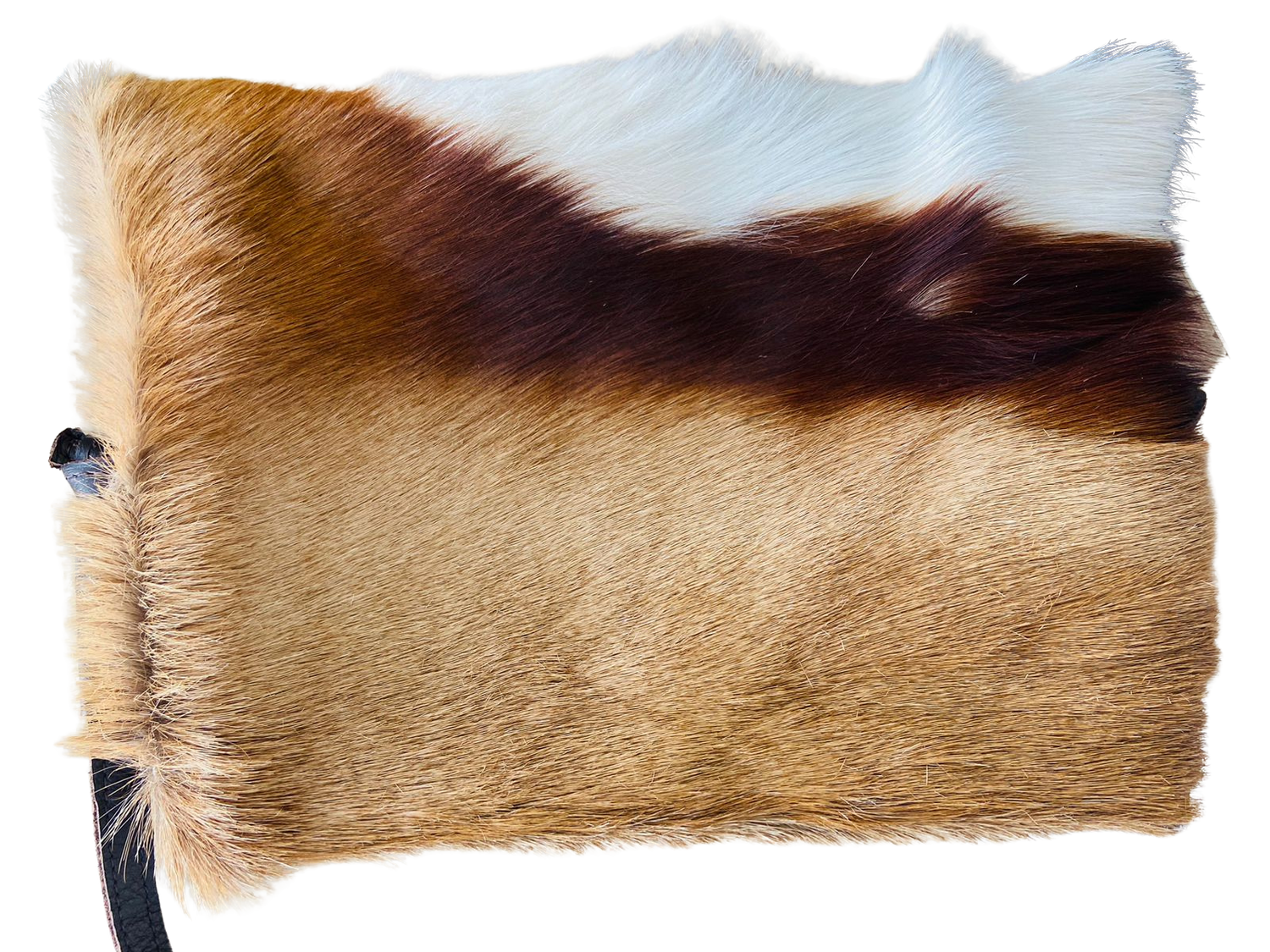 Horse hair pouch with brown, black, and white pattern on a white background
