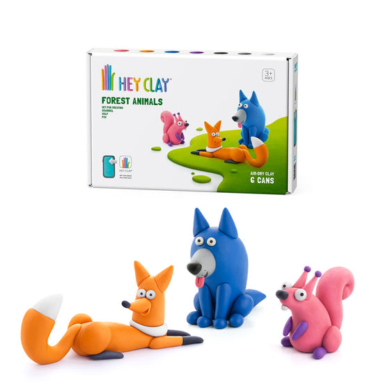 Hey Clay - Modelling Air-Dry Clay with Fun Interactive App - Wolf, Fox, Squirrel, Series Forest Animals, 6 cans