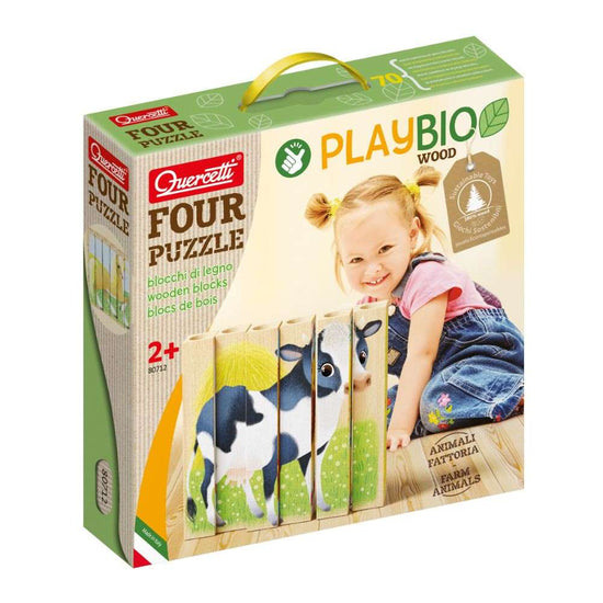 Quercetti - Wooden, Eco-Friendly Farm Animals Block Puzzles: 4 Puzzles