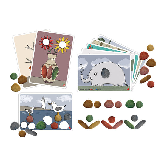 EDX Education - Junior Rainbow Pebbles - Eco Friendly FPC Material - 3 Shapes - 6 Colours - 8 Double-Sided Activity Cards - 36pcs