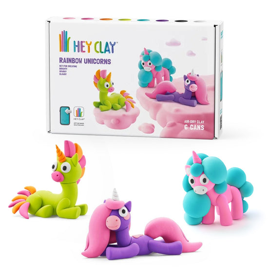 Hey Clay - Modelling Air-Dry Clay with Fun Interactive App - Brighty, Cloudy, Sparky, Series Rainbow Unicorns, 6 cans