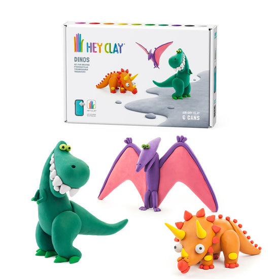 Hey Clay - Modelling Air-Dry Clay with Fun Interactive App - Pterodactylus, Triceratops, Tyrannosaurus, Series Dinos, 6 cans
