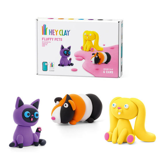 Hey Clay - Modelling Air-Dry Clay with Fun Interactive App - Bunny, Siamese cat, Guinea pig, Series Fluffy Pets, 6 cans