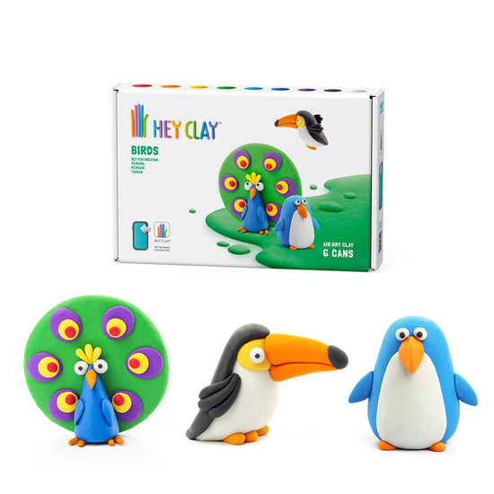 Hey Clay - Modelling Air-Dry Clay with Fun Interactive App - Toucan, Penguin, Peacock, Series Birds, 6 cans