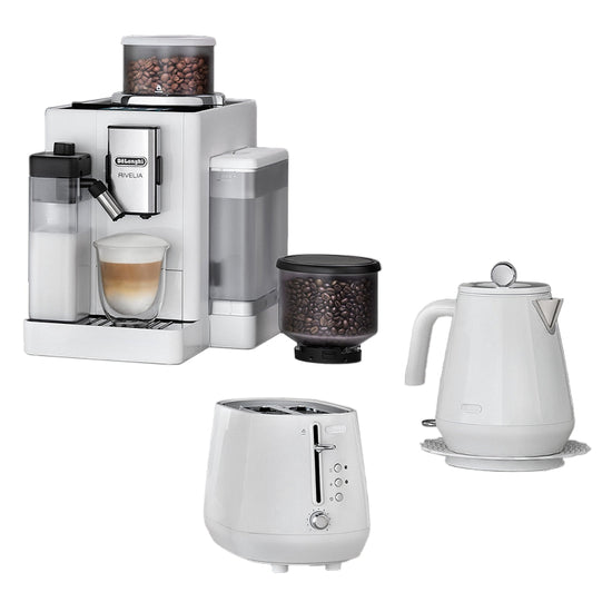 Delonghi - Rivelia Bean to Cup Coffee Machine and Eclettica Breakfast Set - White