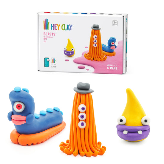 Hey Clay - Modelling Air-Dry Clay with Fun Interactive App - Worm, Ginger, Yollo, Series Beasts, 6 cans
