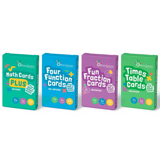Greenbean School Years - Maths Cards PLUS, Fun Fraction Cards, Times Table Cards & Four Function Cards