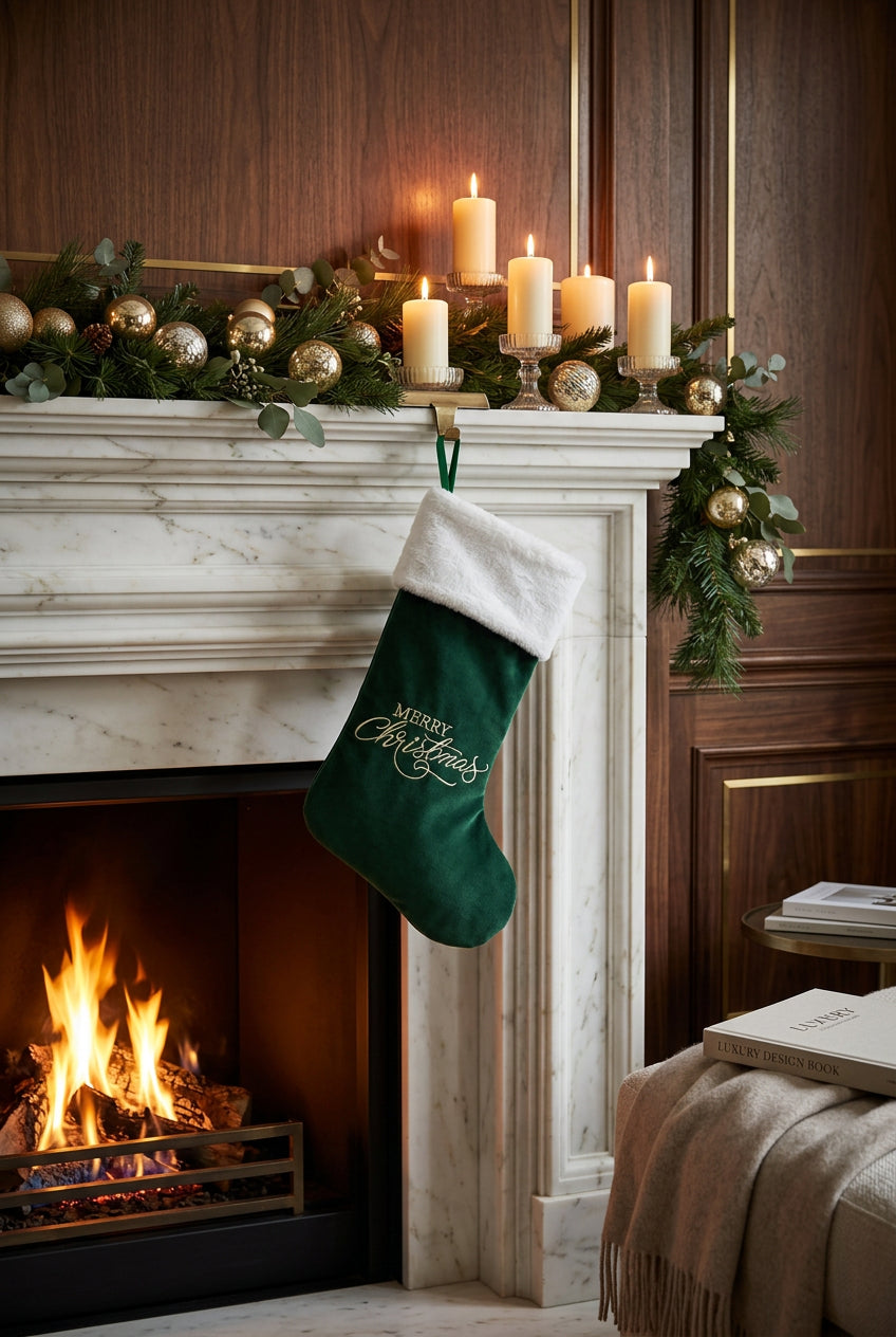Green Velvet "Merry Christmas" Christmas Stocking with Faux-Fur Cuff