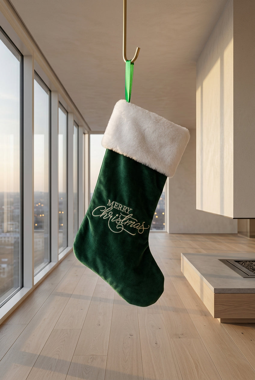 Green Velvet "Merry Christmas" Christmas Stocking with Faux-Fur Cuff