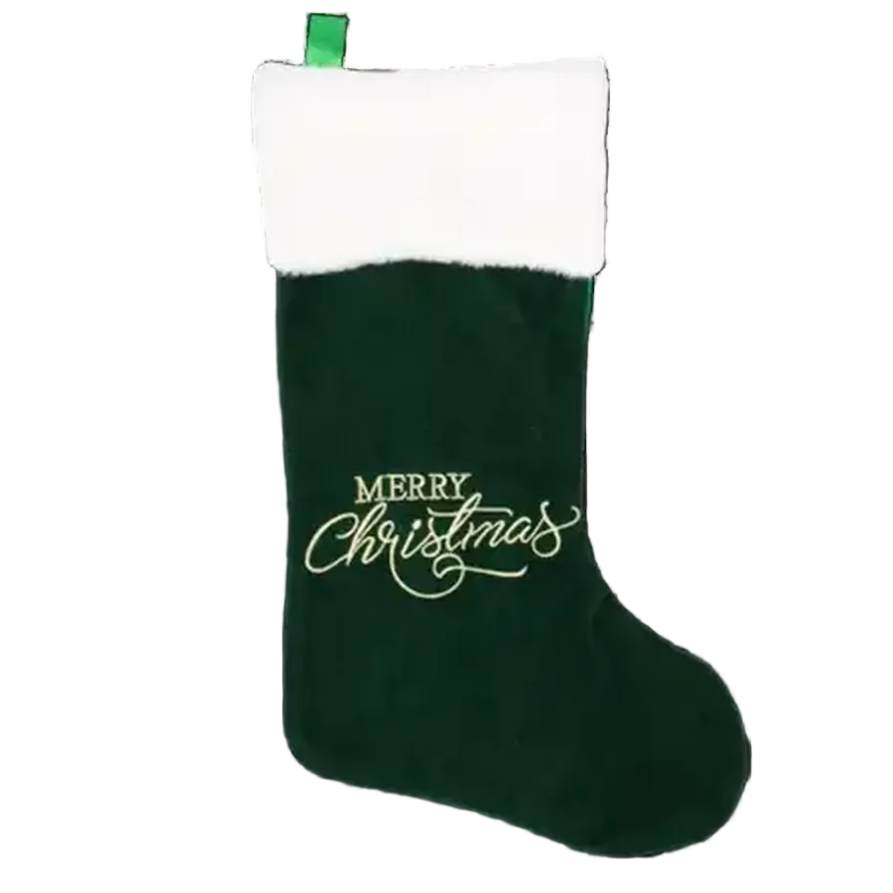 Green Velvet "Merry Christmas" Christmas Stocking with Faux-Fur Cuff
