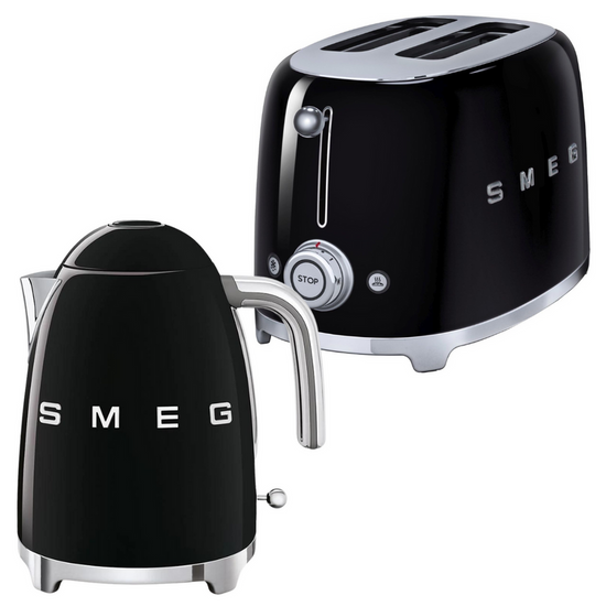 Smeg Retro 1.7l Kettle & 2 Slice Toaster Black Combo KLF03BLSA + TSF01BLSA