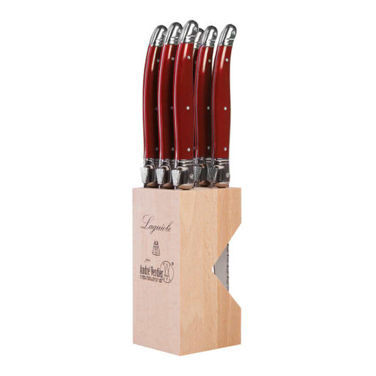 Andre Verdier Steak Knife Set with Stand, 6-Piece Laguiole Cherry